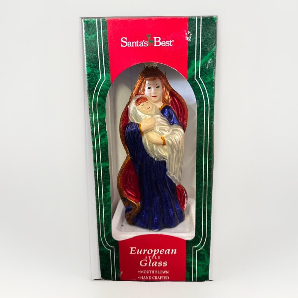 Vintage European Style Mouth Blown Glass 6 inch Ornament Virgin Mary Baby Jesus